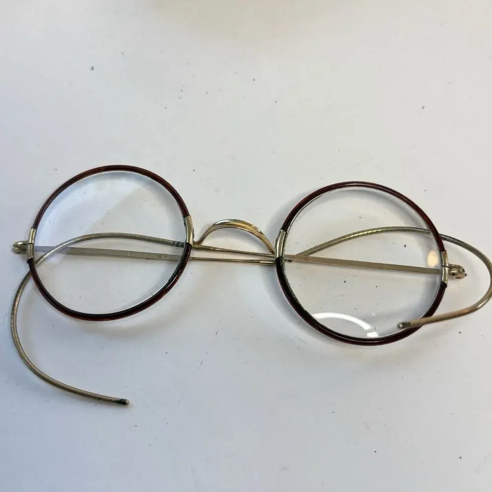 Antique 1/10 12K GF Horn Rim Eyeglasses Round Cable Temple Frames Case AS IS